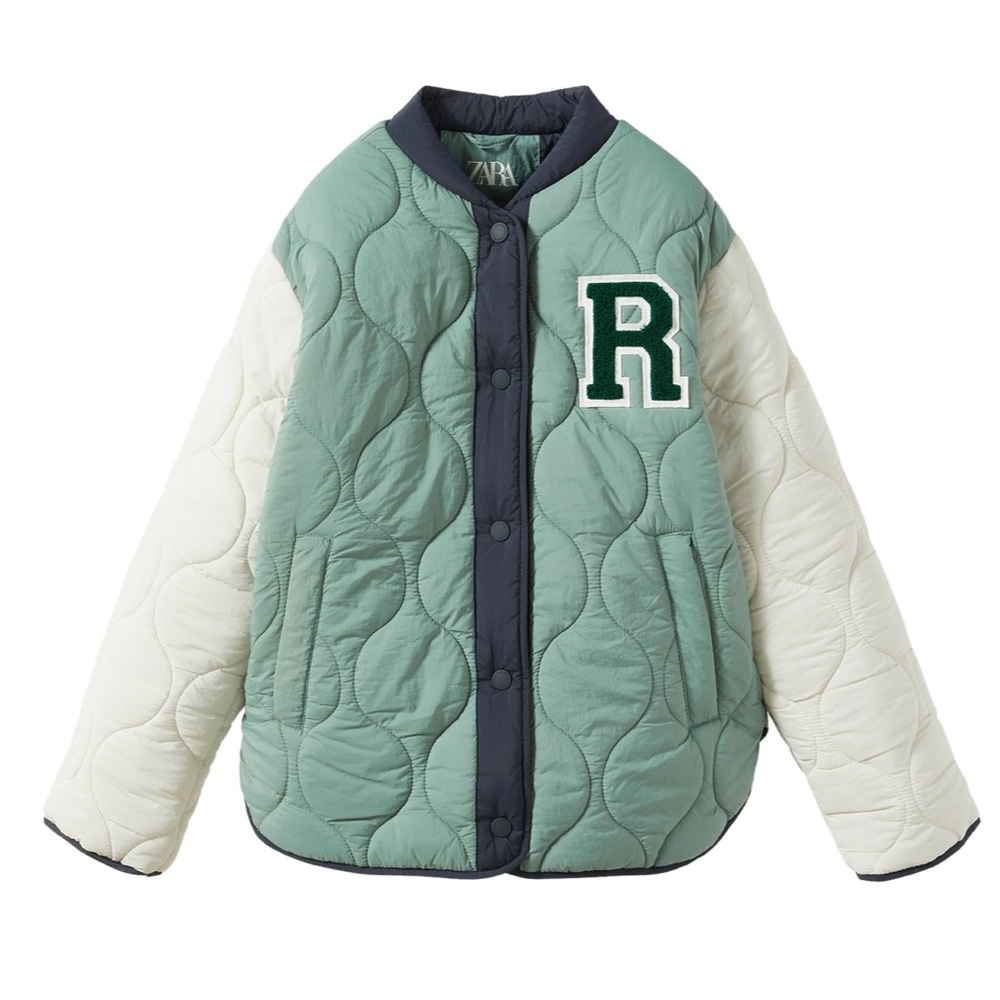 ZARA TERRYCLOTH PATCH QUILTED BOMBER in Light Green